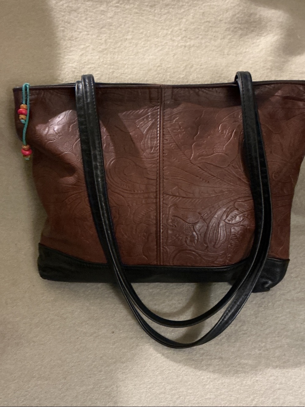 Brown Embossed Shoulder Tote with Black Trim